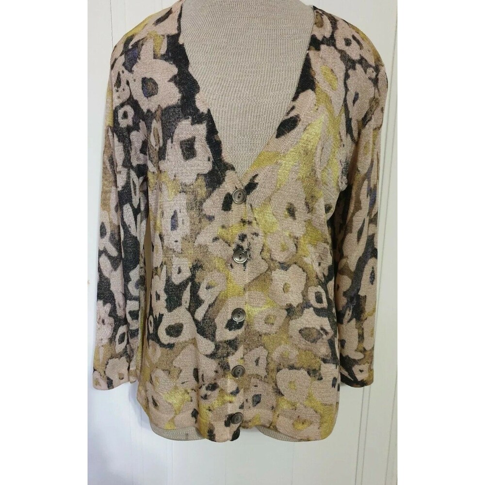 Jones New York Collection Floral Cardigan Size Medium Black Yellow Mustard